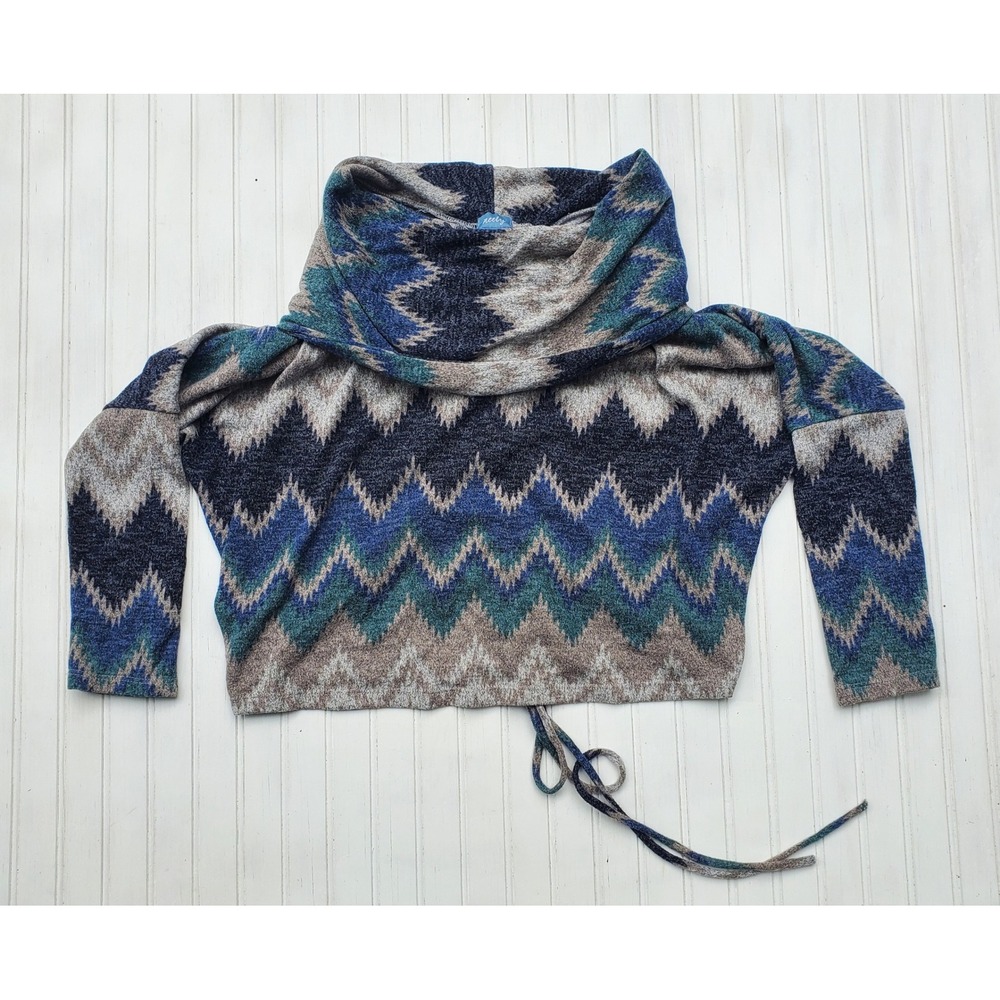 Neely Womens Chevron Cowl Neck Lace Up Back Cropped Sweater Blue Small Boho Twee